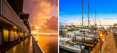View of the balconies at Best Western Plus Yacht Harbor Inn at sunset (left) and marina area filled with yachts (right)